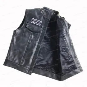 Black leather motorcycle vest with a front zipper, button closure, and a white embroidered patch on the left chest reading 'STURDY BIKERS'.