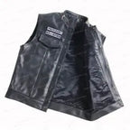 Black leather motorcycle vest with a front zipper, button closure, and a white embroidered patch on the left chest reading 'STURDY BIKERS'.