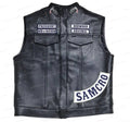Black leather motorcycle vest with embroidered patches reading 'PRESIDENT MEN OF MATHEM' and 'REDWOOD ORIGINAL' on the chest, and a large 'SAMCRO' patch on the lower right side.
