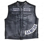 Black leather motorcycle vest with embroidered patches reading 'PRESIDENT MEN OF MATHEM' and 'REDWOOD ORIGINAL' on the chest, and a large 'SAMCRO' patch on the lower right side.