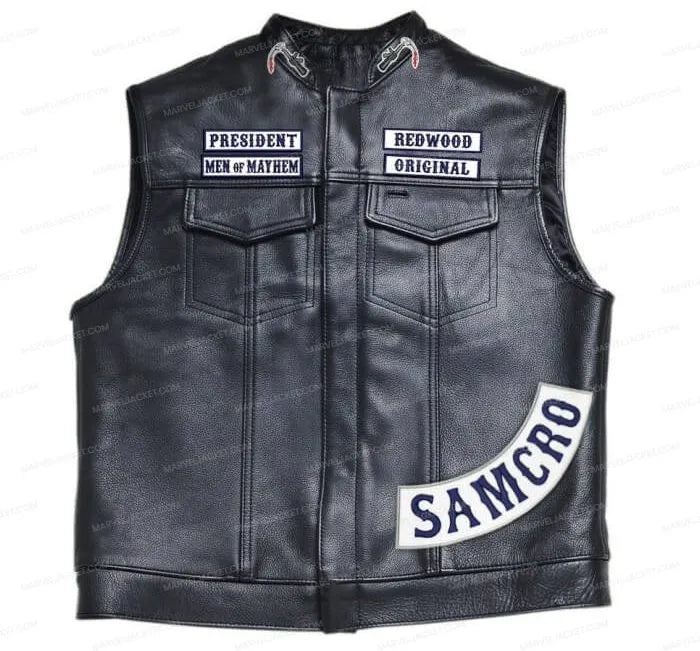 Black leather motorcycle vest with embroidered patches reading 'PRESIDENT MEN OF MATHEM' and 'REDWOOD ORIGINAL' on the chest, and a large 'SAMCRO' patch on the lower right side.