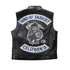 Black leather vest shown from the back, featuring large embroidered 'Sons of Anarchy' patches with a grim reaper graphic and 'California' text.