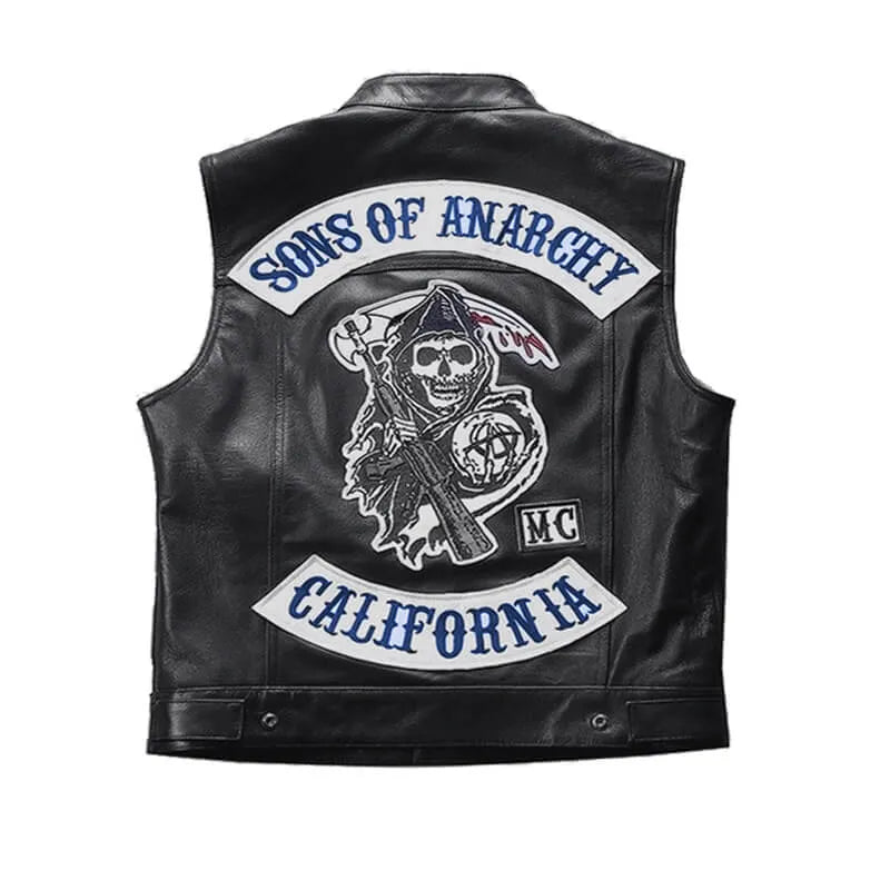 Black leather vest shown from the back, featuring large embroidered 'Sons of Anarchy' patches with a grim reaper graphic and 'California' text.
