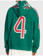 Green hoodie with number 4 and colorful designs on a white background
