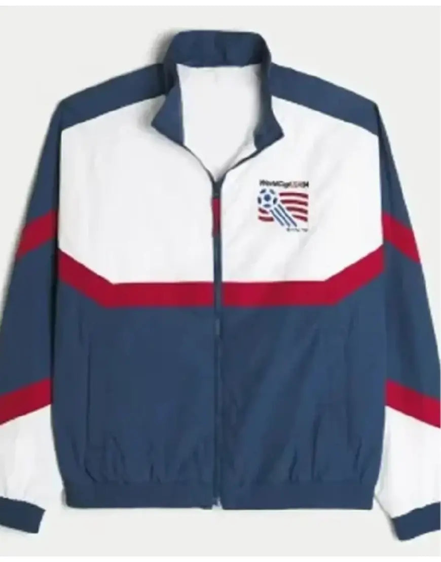 Navy and white track jacket with red accents on a white background