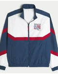 Navy and white track jacket with red accents on a white background