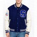 Navy and white varsity jacket with Sega logo on a white background