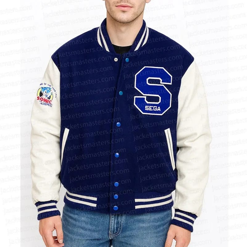 Navy and white varsity jacket with Sega logo on a white background