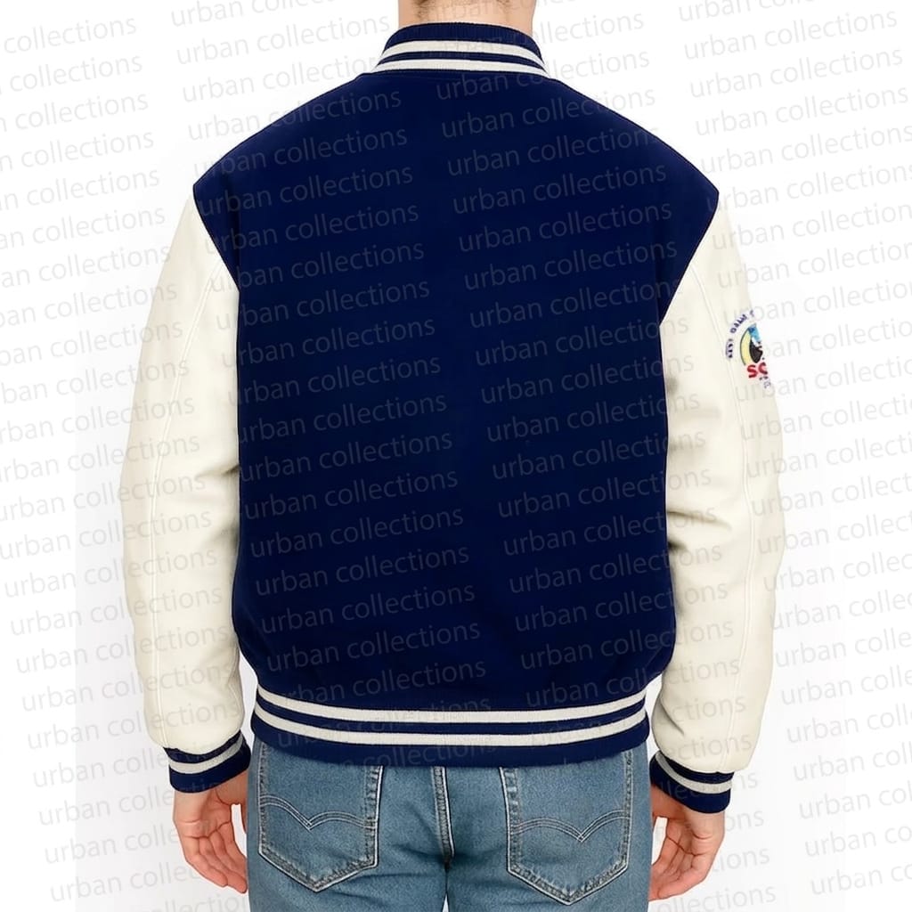 Navy and white varsity jacket with 'urban collections' branding on a white background