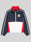 Navy, white, and red jacket with a logo on a gray background