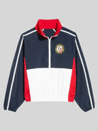 Navy, white, and red jacket with a logo on a gray background
