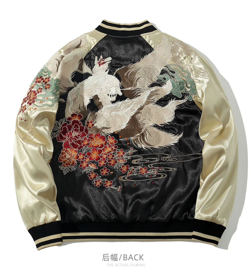 New Men Boys High Street Sukajan Souvenir Jacket Nine Tailed Fox Peony Embroidered Pilot Bomber Letterman Varsity Award Vintage