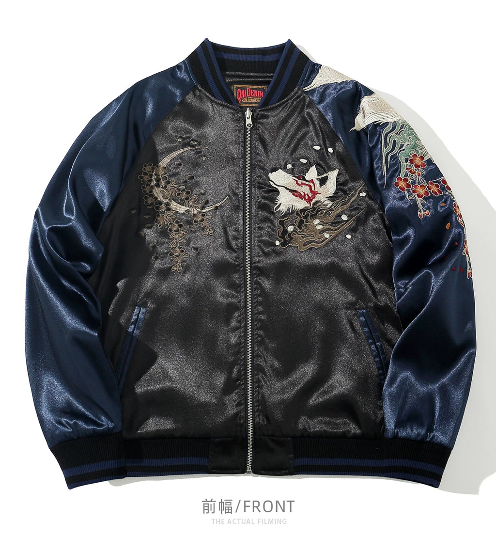 New Men Boys High Street Sukajan Souvenir Jacket Nine Tailed Fox Peony Embroidered Pilot Bomber Letterman Varsity Award Vintage