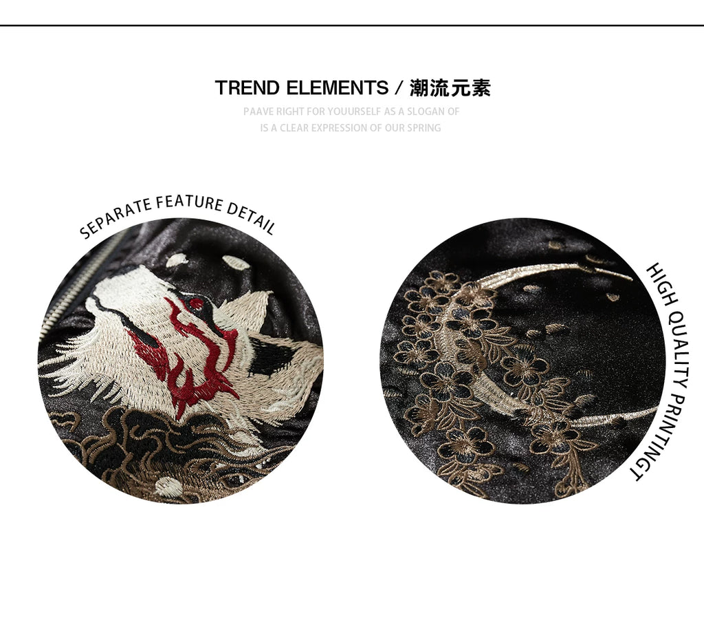 New Men Boys High Street Sukajan Souvenir Jacket Nine Tailed Fox Peony Embroidered Pilot Bomber Letterman Varsity Award Vintage