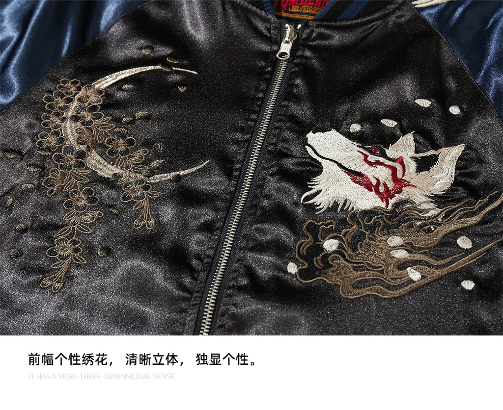 New Men Boys High Street Sukajan Souvenir Jacket Nine Tailed Fox Peony Embroidered Pilot Bomber Letterman Varsity Award Vintage