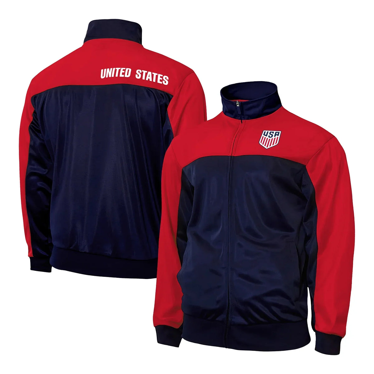 Red and navy jacket with 'United States' text and logo on a white background