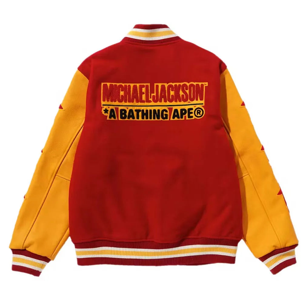 Red and yellow jacket with 'Michael Jackson A Bathing Ape' text on a white background