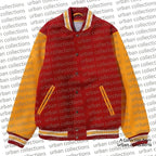 Red and yellow varsity jacket with 'urban collections' branding in the background