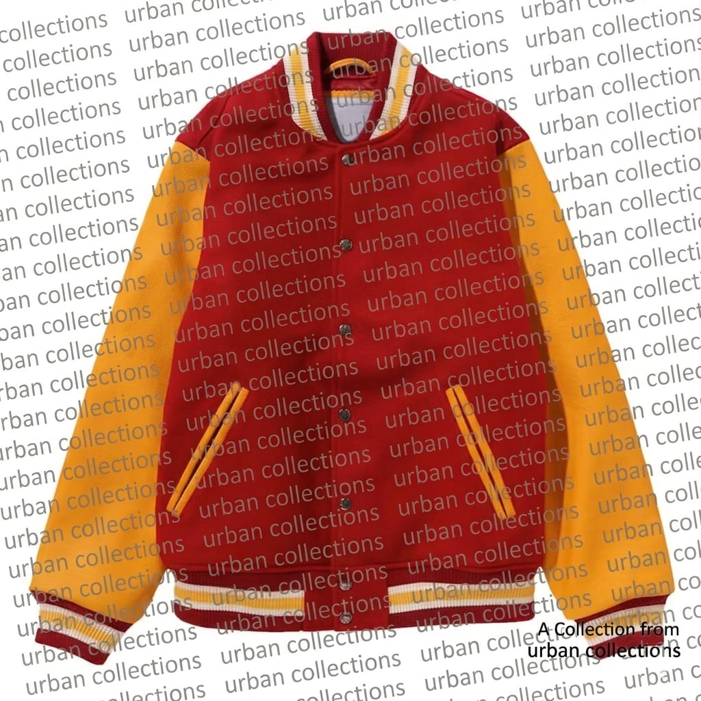 Red and yellow varsity jacket with 'urban collections' branding in the background