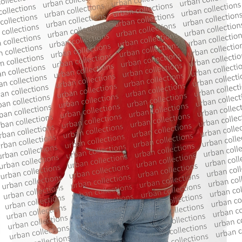 Red jacket with gray accents worn by a person on a white background with 'urban collections' text.