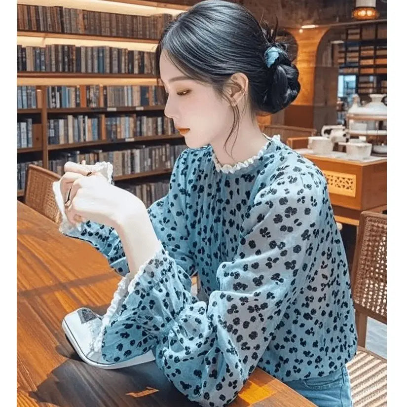 Luxury Floral French Chiffon Blouse Women Long Sleeve Fashion Elegant