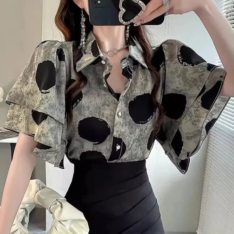 Chinese Style Summer Women's 2024 New Patchwork Polo Collar Button Printing Ruffles Fashion Loose Short Sleeved Blouses Shirts