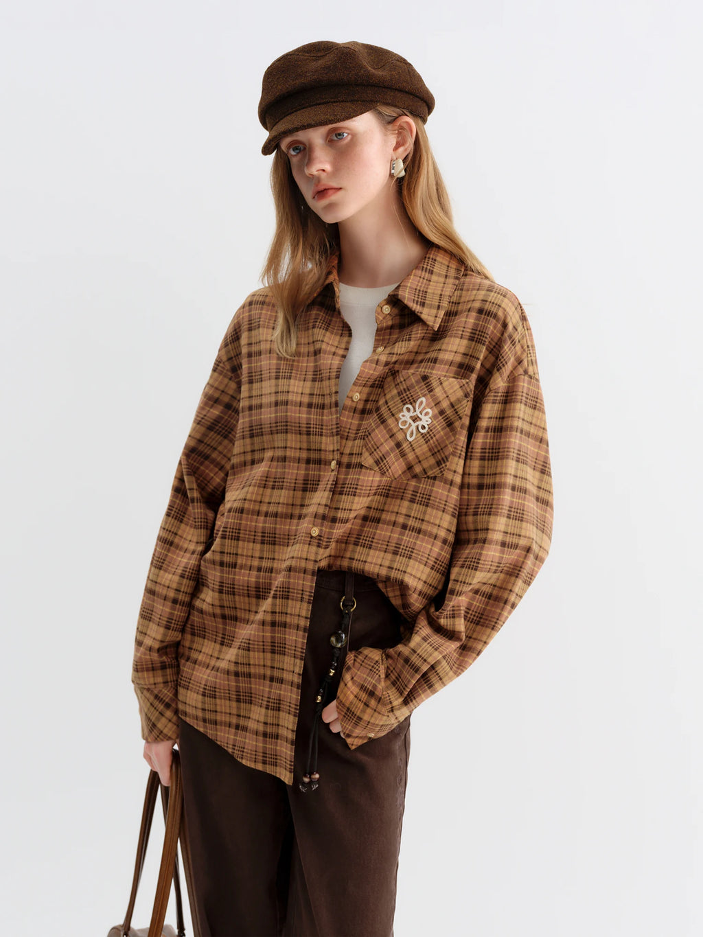FSLE Brushed Plaid Shirt Women's Winter 2025 New Long Sleeve Plaid Retro Embroidery Shirt Classic Leisure Loose Tops