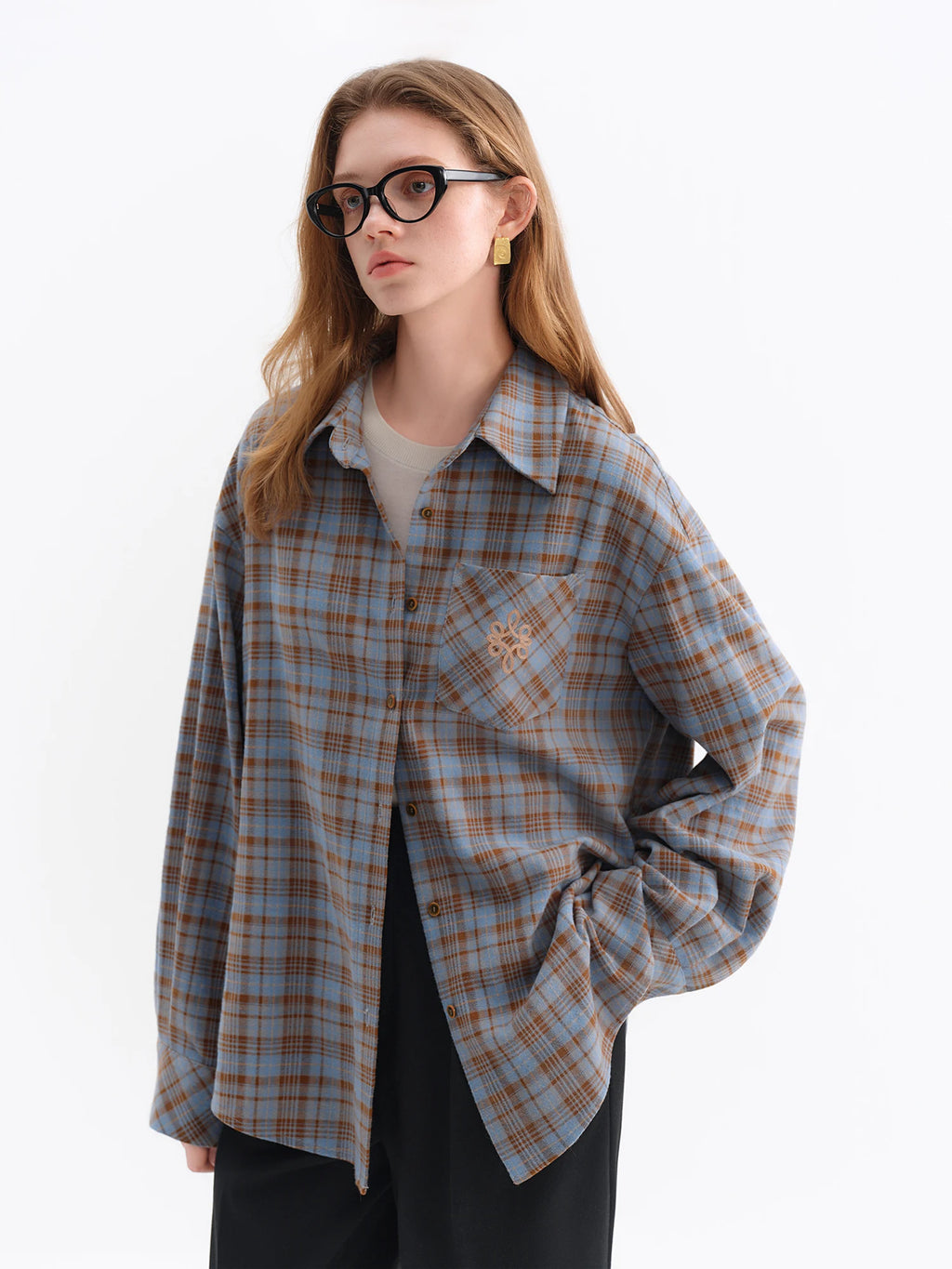 FSLE Brushed Plaid Shirt Women's Winter 2025 New Long Sleeve Plaid Retro Embroidery Shirt Classic Leisure Loose Tops