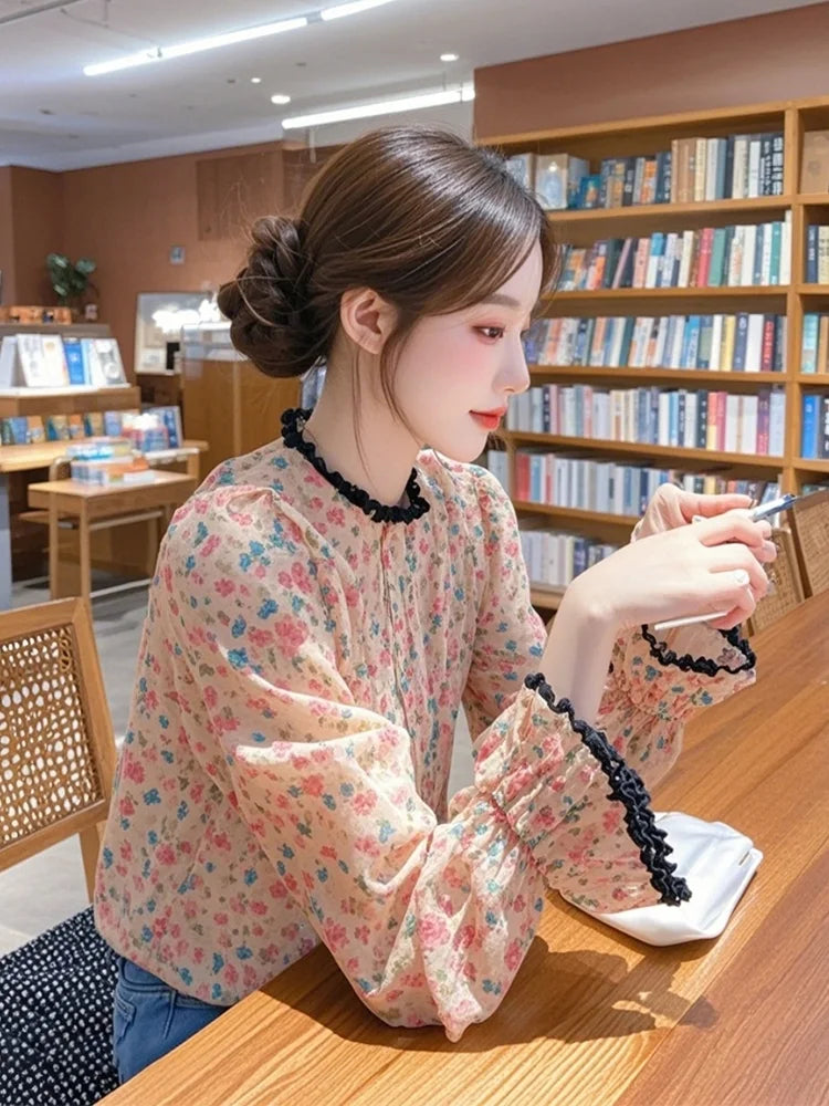 Luxury Floral French Chiffon Blouse Women Long Sleeve Fashion Elegant