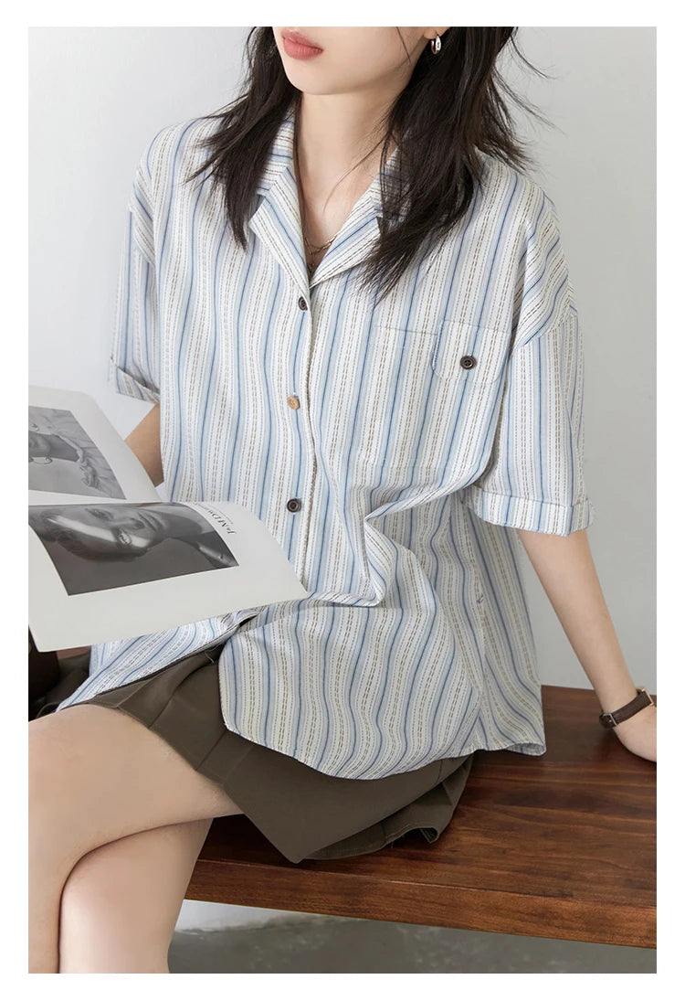 CHIC VEN Women Shirt Single Breasted Loose Casual Vertical Stripe Short Sleeve Blouses Cotton Female Coat Summer 2025