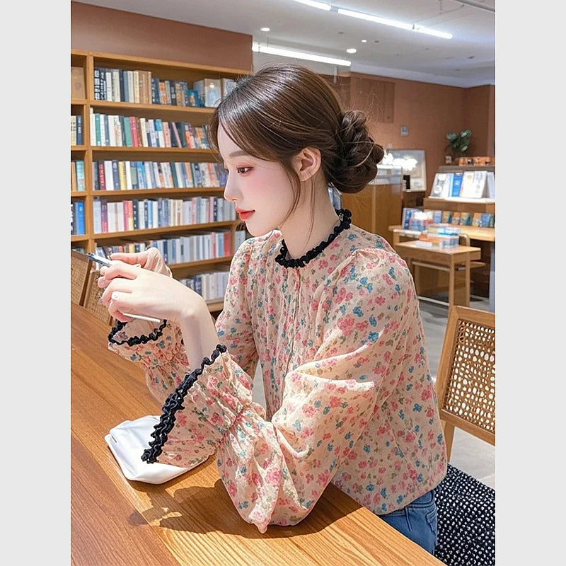 Luxury Floral French Chiffon Blouse Women Long Sleeve Fashion Elegant