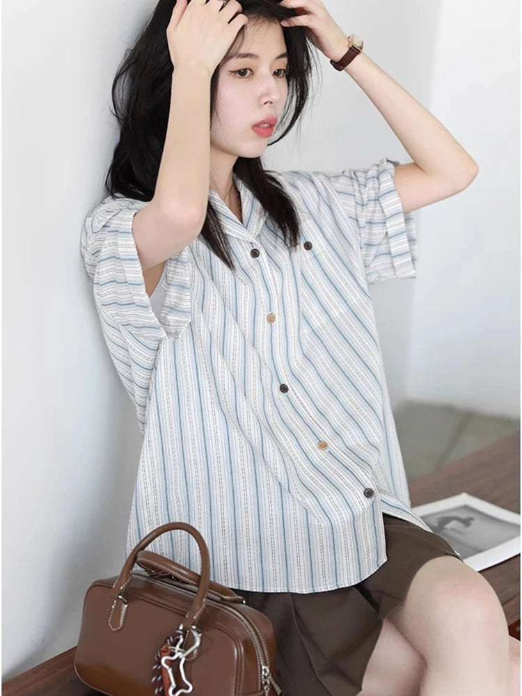 CHIC VEN Women Shirt Single Breasted Loose Casual Vertical Stripe Short Sleeve Blouses Cotton Female Coat Summer 2025
