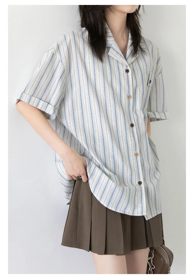 CHIC VEN Women Shirt Single Breasted Loose Casual Vertical Stripe Short Sleeve Blouses Cotton Female Coat Summer 2025