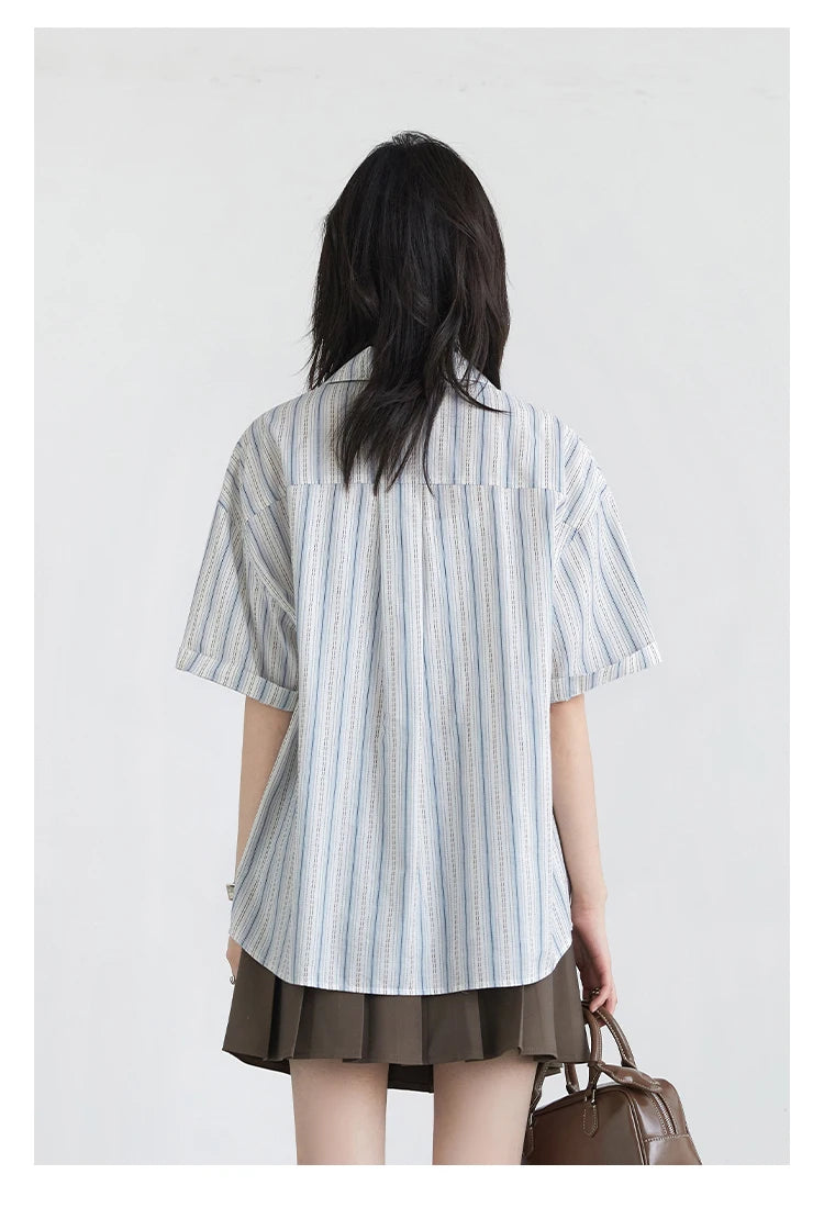 CHIC VEN Women Shirt Single Breasted Loose Casual Vertical Stripe Short Sleeve Blouses Cotton Female Coat Summer 2025