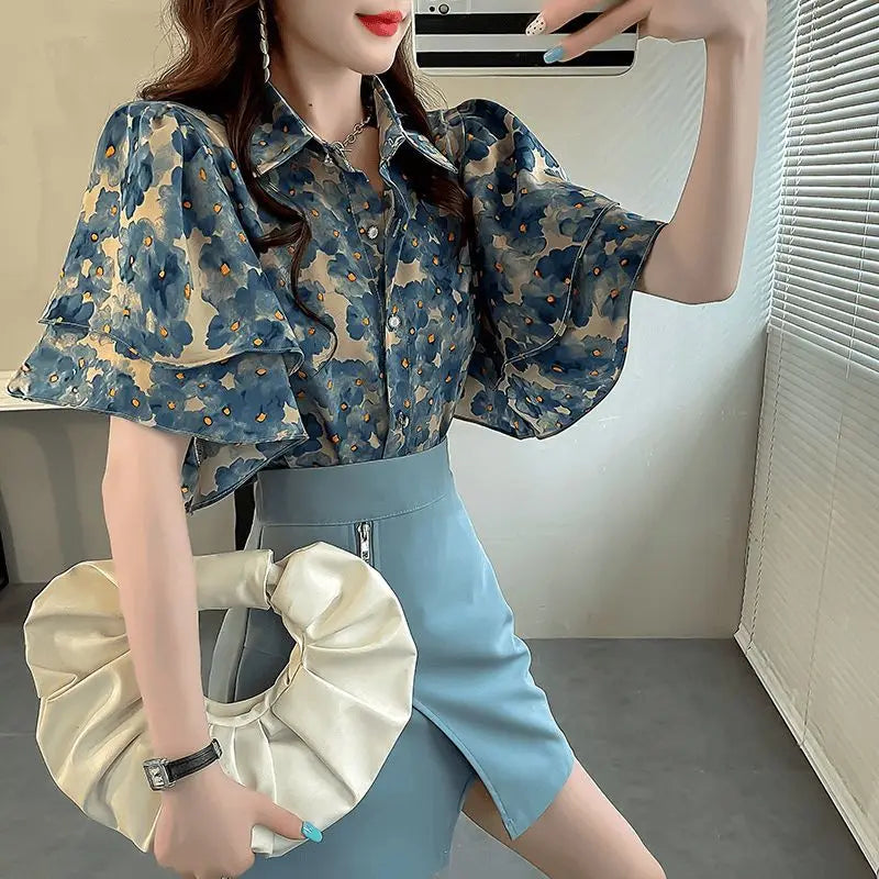 Chinese Style Summer Women's 2024 New Patchwork Polo Collar Button Printing Ruffles Fashion Loose Short Sleeved Blouses Shirts