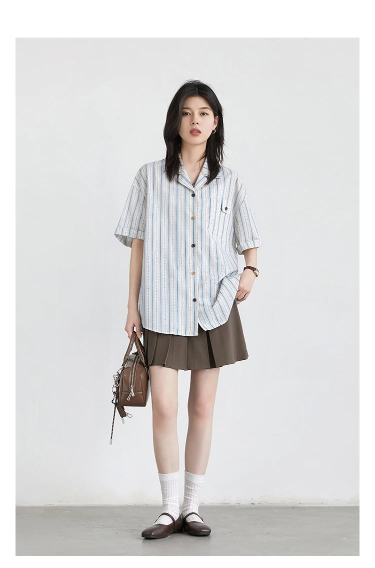 CHIC VEN Women Shirt Single Breasted Loose Casual Vertical Stripe Short Sleeve Blouses Cotton Female Coat Summer 2025