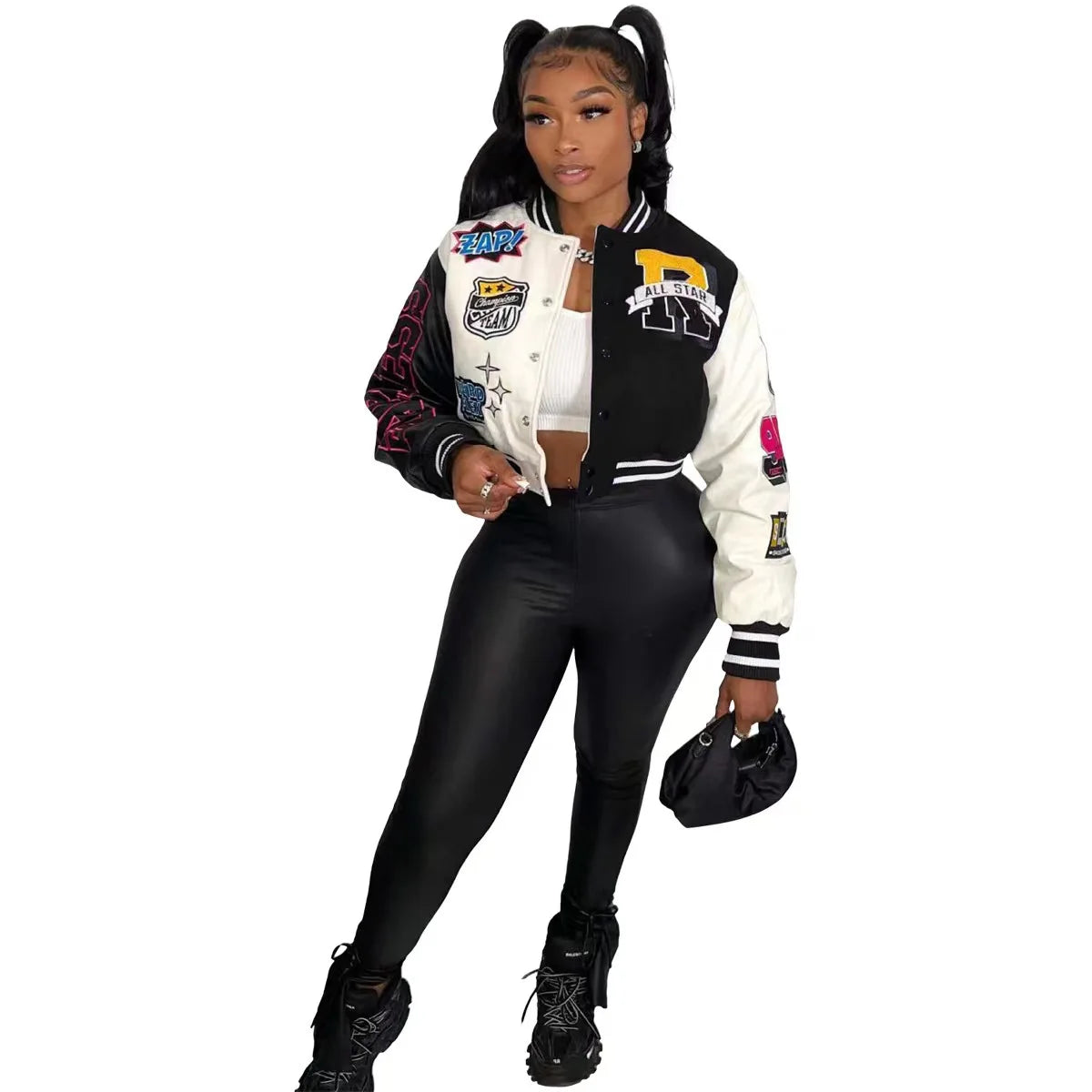 Winter Fall Jacket For Women Coat Trend O Neck Buttons Cropped Top Jacket Patchwork Baggy Blue Female Outerwear varsity jacket