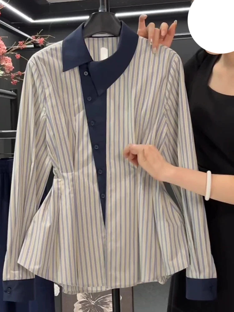 Temperament waist cinching slimming blue striped shirt spring 2025 new fat MM fashion contrasting long sleeved shirt