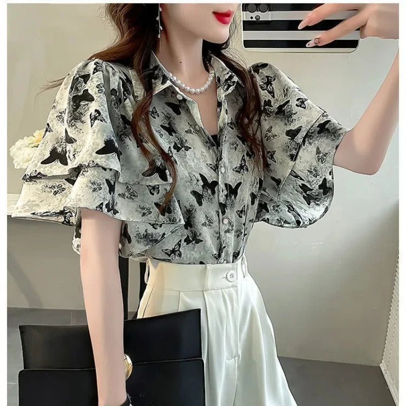 Chinese Style Summer Women's 2024 New Patchwork Polo Collar Button Printing Ruffles Fashion Loose Short Sleeved Blouses Shirts