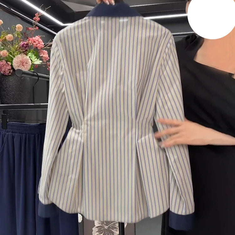 Temperament waist cinching slimming blue striped shirt spring 2025 new fat MM fashion contrasting long sleeved shirt