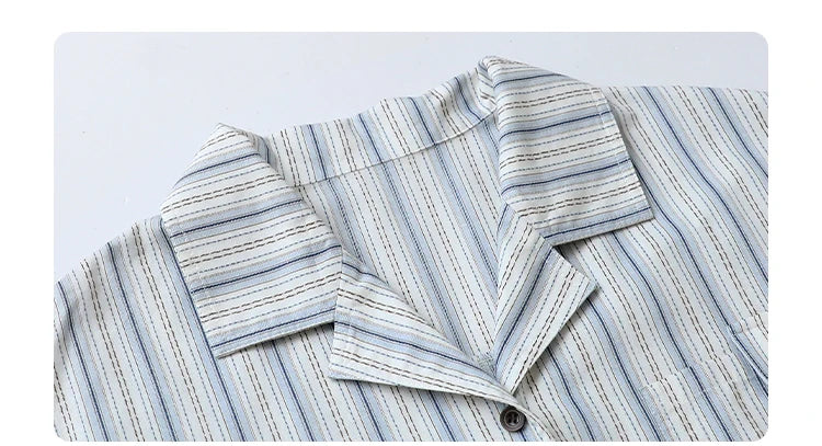 CHIC VEN Women Shirt Single Breasted Loose Casual Vertical Stripe Short Sleeve Blouses Cotton Female Coat Summer 2025