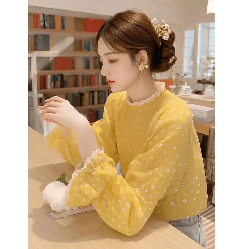 Luxury Floral French Chiffon Blouse Women Long Sleeve Fashion Elegant