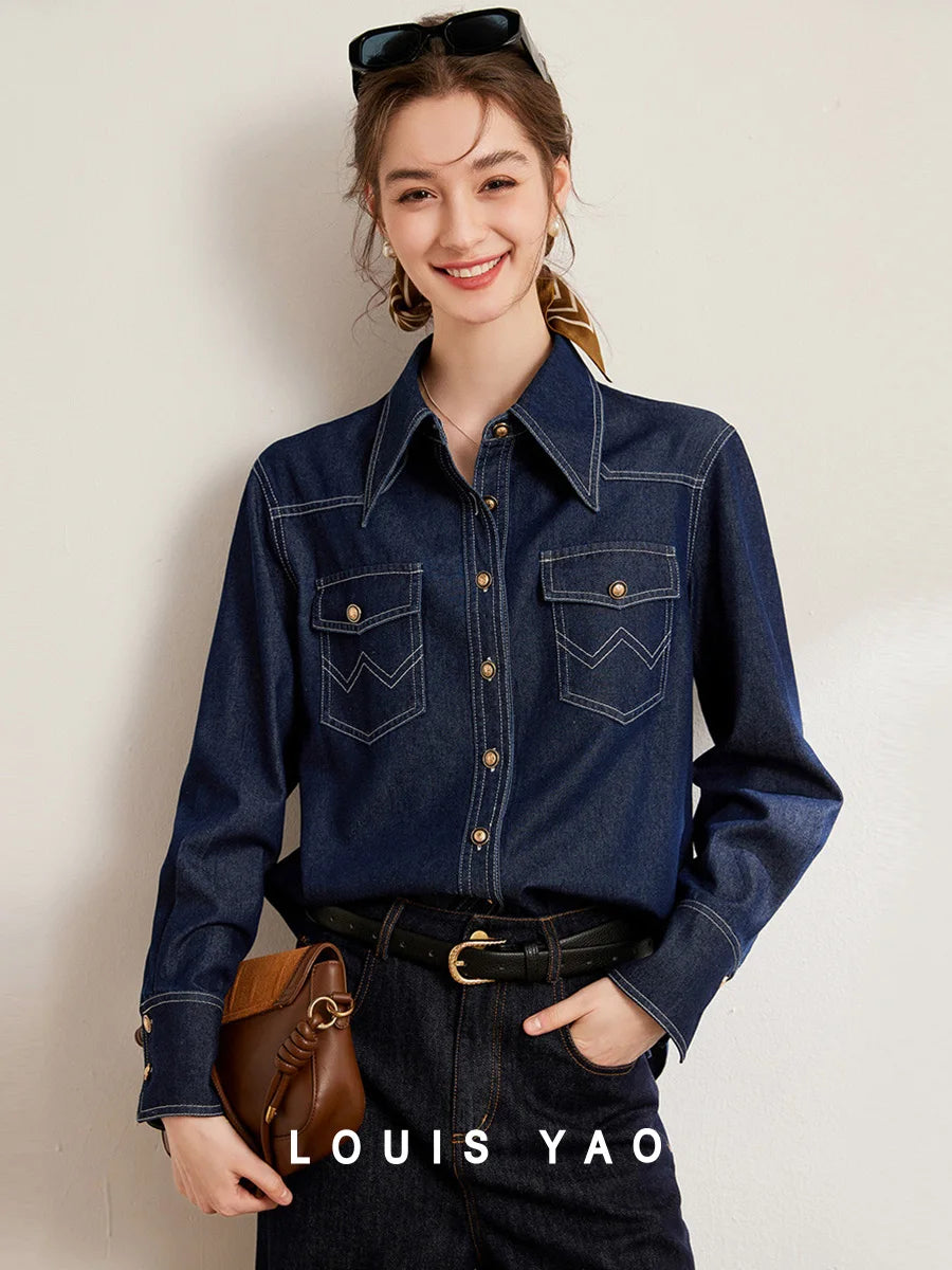 LOUIS YAO 2025 Spring Color Contrasting Bright Thread Denim Shirt Retro Collar Single breasted Long sleeved Women's Shirt