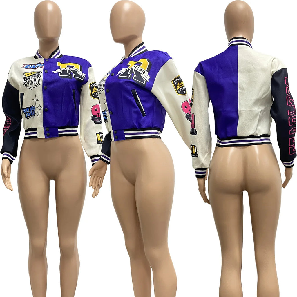 Winter Fall Jacket For Women Coat Trend O Neck Buttons Cropped Top Jacket Patchwork Baggy Blue Female Outerwear varsity jacket