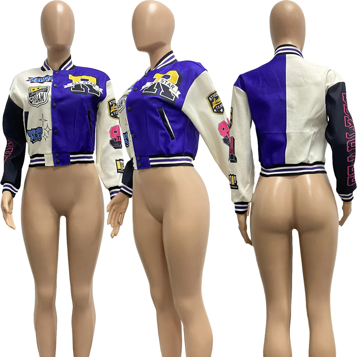 Winter Fall Jacket For Women Coat Trend O Neck Buttons Cropped Top Jacket Patchwork Baggy Blue Female Outerwear varsity jacket