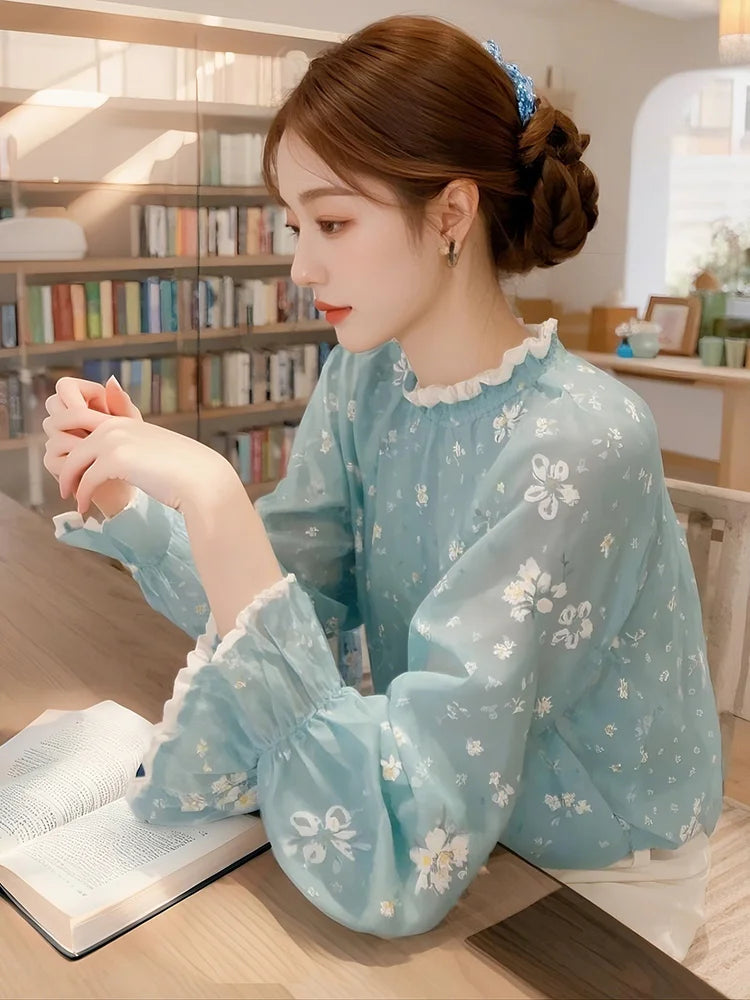 Luxury Floral French Chiffon Blouse Women Long Sleeve Fashion Elegant