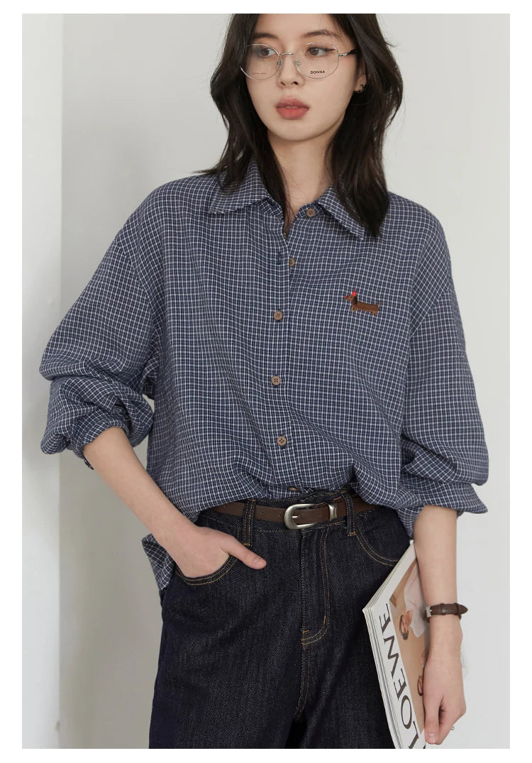 CHIC VEN Women Shirt Long Sleeve Single Breasted New Loose Casual Embroidered Plaid Blouses Retro Female Top Spring Summer 2025