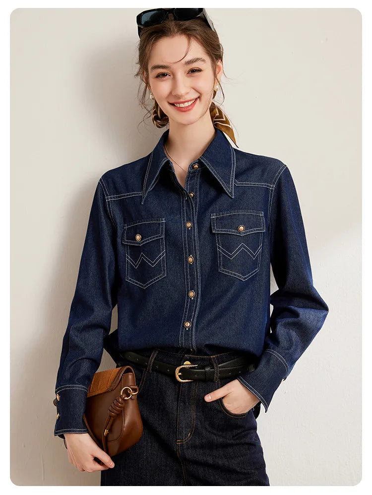 LOUIS YAO 2025 Spring Color Contrasting Bright Thread Denim Shirt Retro Collar Single breasted Long sleeved Women's Shirt