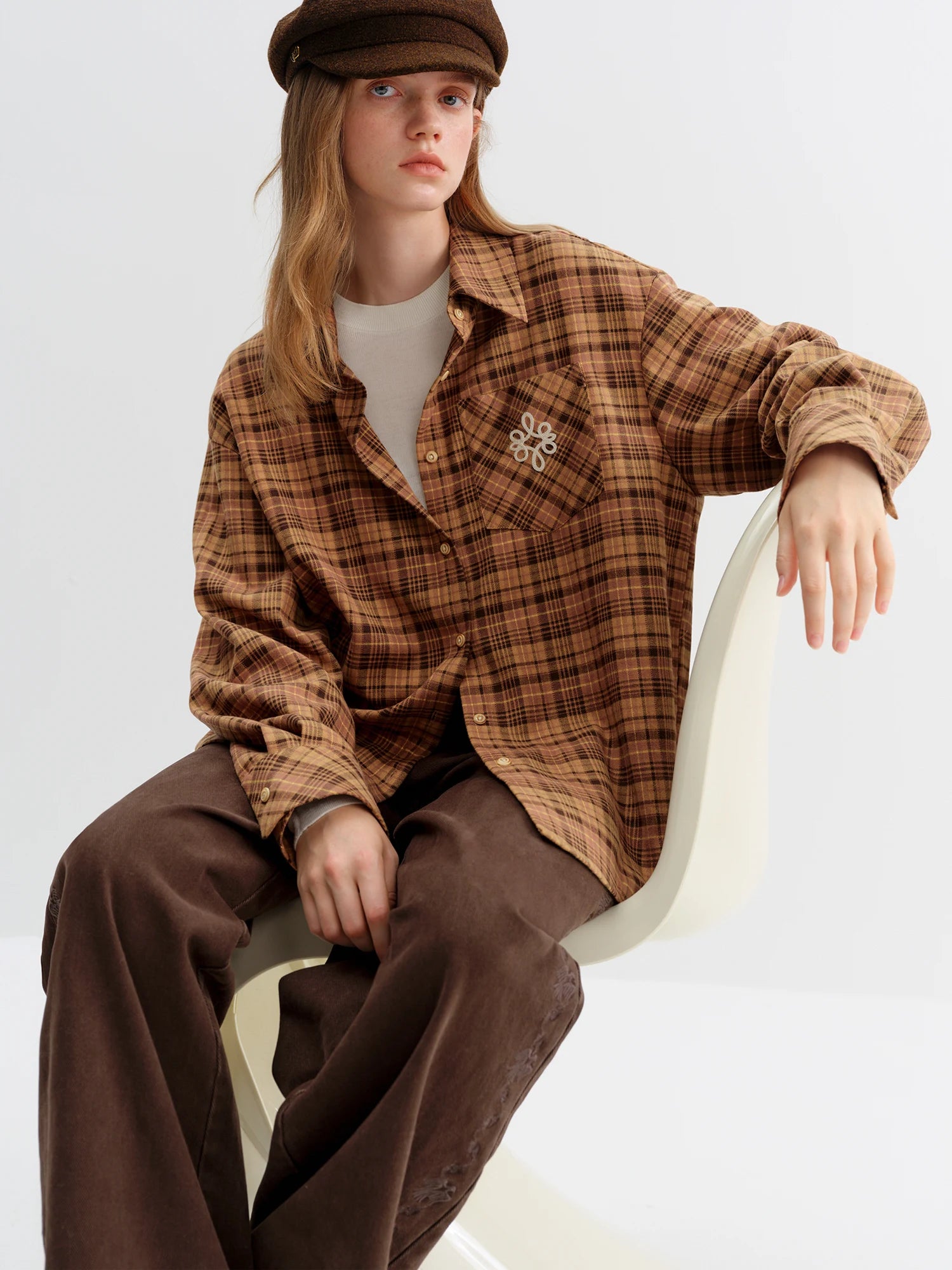 FSLE Brushed Plaid Shirt Women's Winter 2025 New Long Sleeve Plaid Retro Embroidery Shirt Classic Leisure Loose Tops
