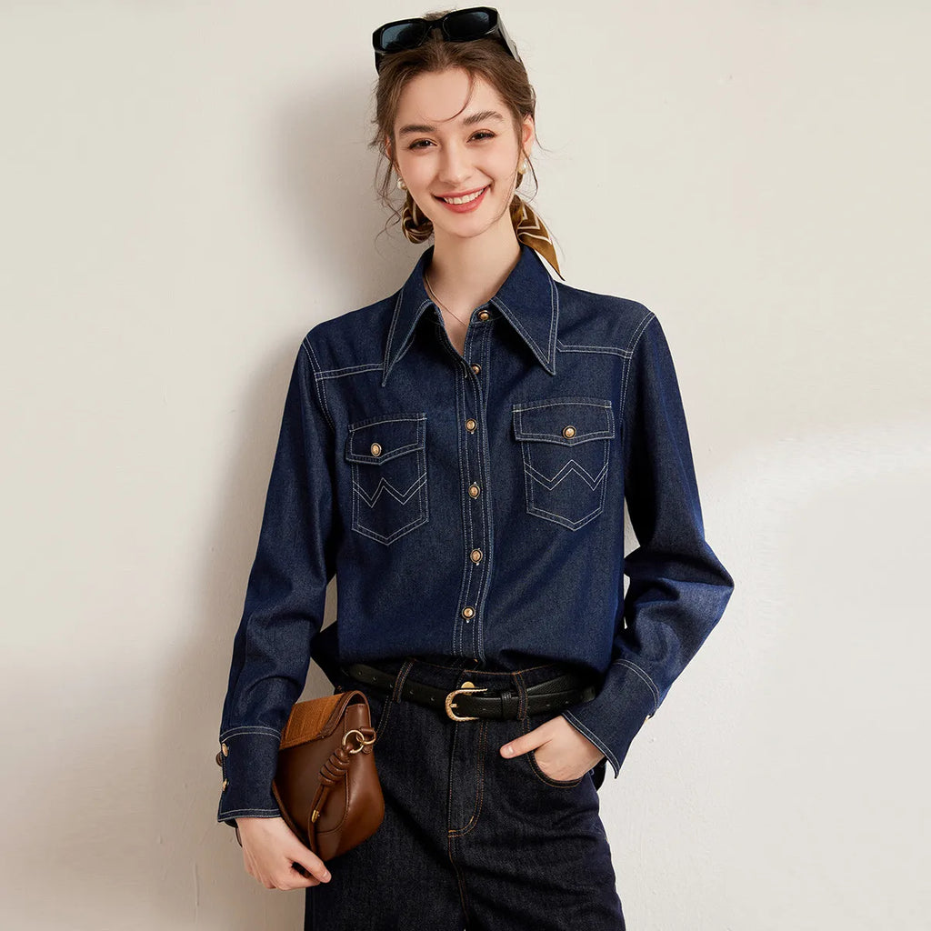 LOUIS YAO 2025 Spring Color Contrasting Bright Thread Denim Shirt Retro Collar Single breasted Long sleeved Women's Shirt